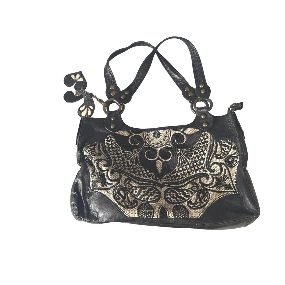 Vintage Y2K Isabella Fiore Black Leather Cream Honeycomb Shoulder Bag‎ KC